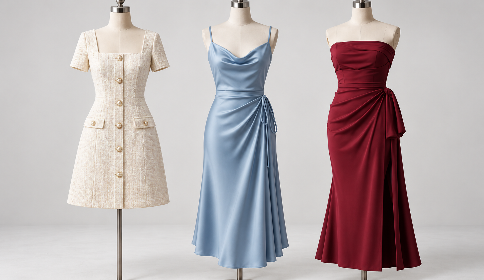 Three women's dress silhouettes in cream, blue, and burgundy