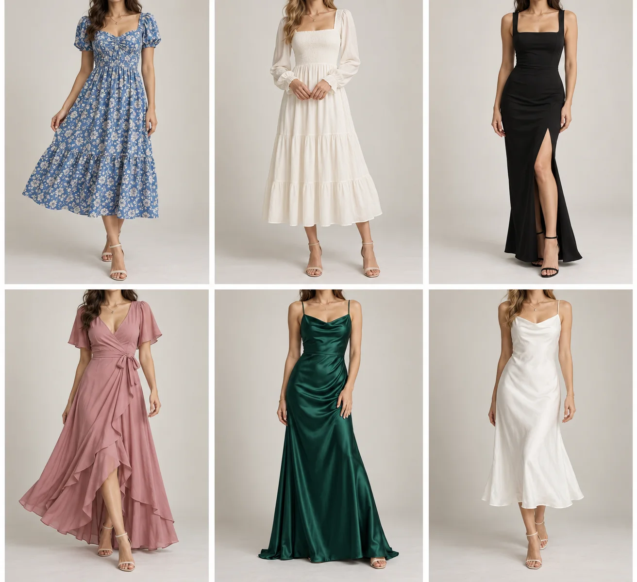 Six women's dress silhouettes, from printed day dresses to evening gowns