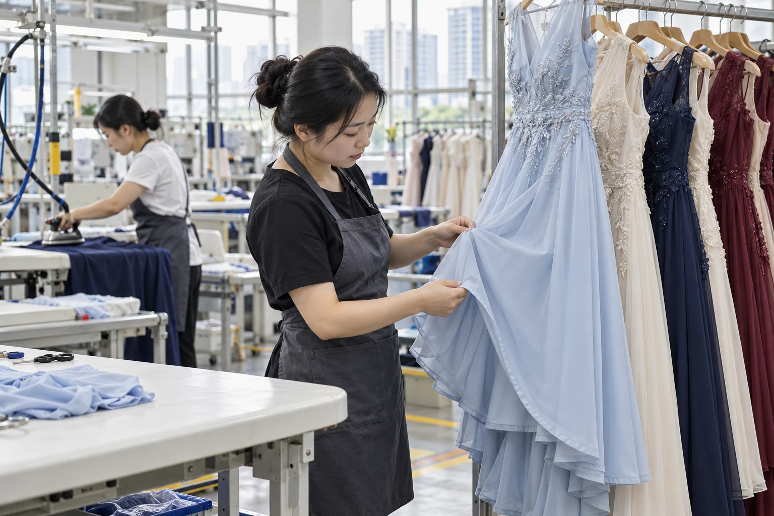 A dress being checked during finishing and inspection