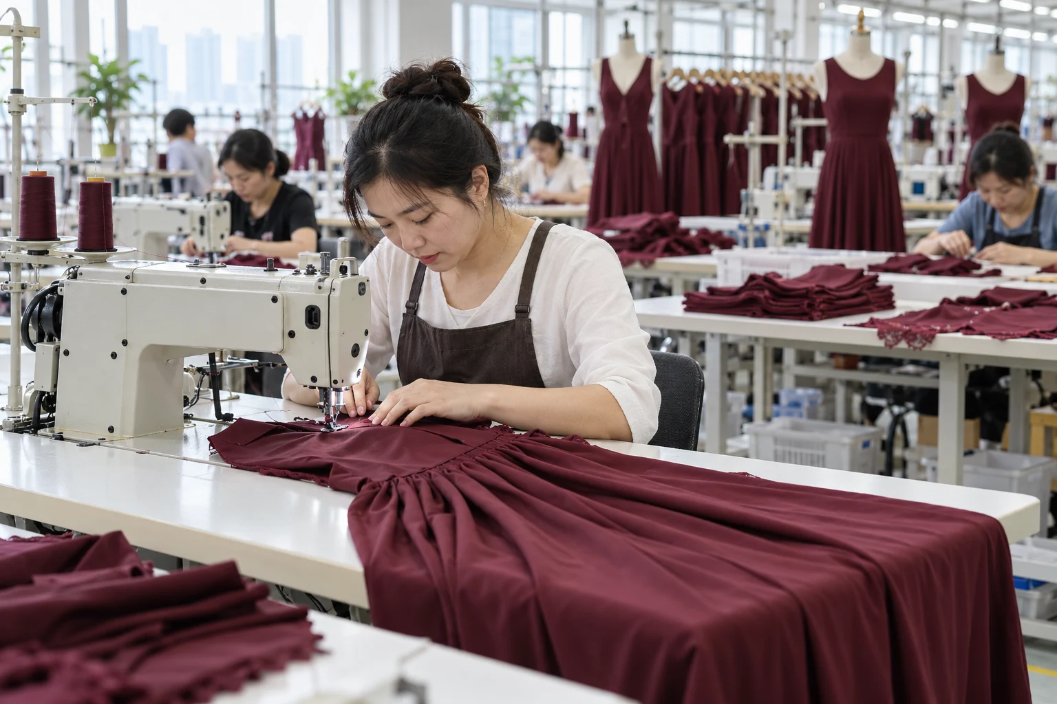 Women's dresses being sewn on a garment production line